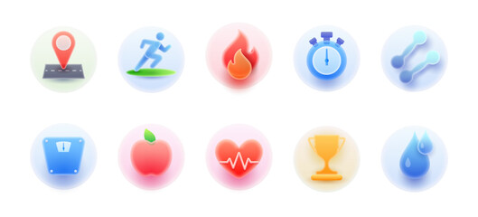 Sports and recreation, physical activities glassmorphism isolated icons set. Sportive application design, healthy lifestyle and fitness, heartbeat and timer, score and healthy food vector illustration