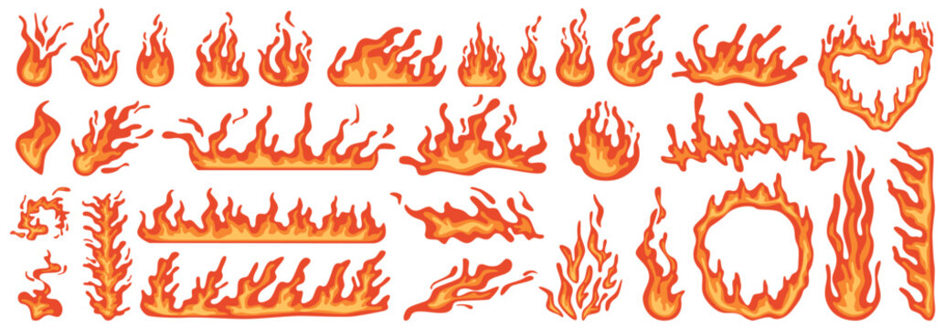 Burning flames and blaze, burst of fire. Ignition and inflammation. Shapes with flare. Heat from bonfire. Circle and heart form burning fire. Vector in flat cartoon illustration