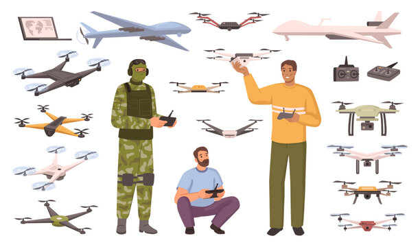 Unmanned drones used by military force and civil people. Isolated men with controller and flying devices with wings. Vector in flat cartoon illustration