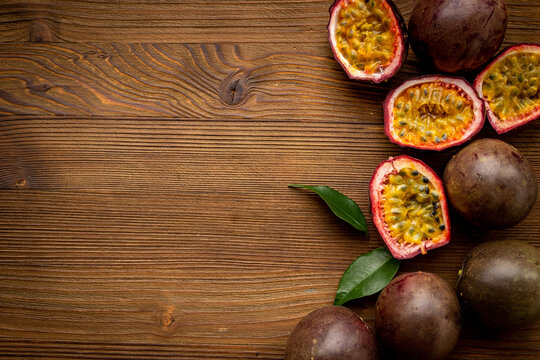 Set of whole and half of fresh passion fruit - marakuya