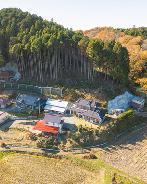 Aerial view of the japanese village Aida, Motegi, Tochigi Japan.