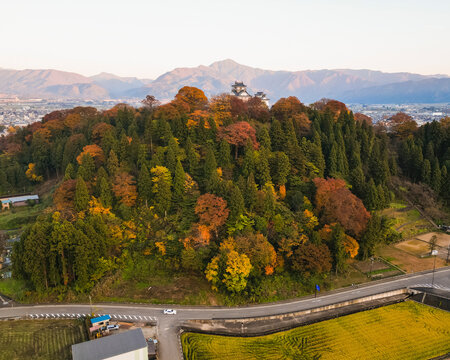 Aerial view of the Echizen-Ono.Castle at sunset during the koyo season, Fukui, Japan.