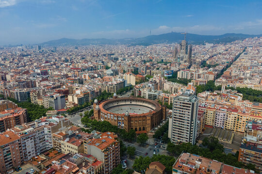 Aerial view of La Monumental, an historical bullring in Barcelona downtown, Catalunya, Spain.