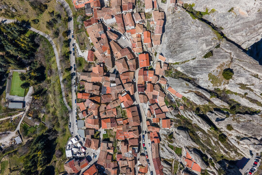 Aerial view of Pietrapertosa, a small town on top of the Lucanian Dolomites mountains, Potenza, Basilicata, Italy.