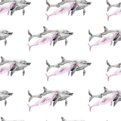 Fototapeta premium watercolor dolphin pattern cute ocean animal. Watercolor cute dolphin pattern. Hand painting postcard with dolphin isolated white background. Ocean animals.
