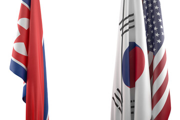 Flags of USA, South and North Korea. Political confrontation concept. 3D Rendering