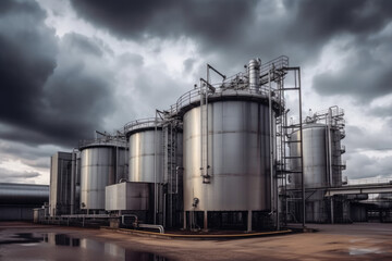 Obraz premium modern petrochemical plant with reactors and converters under heavy sky with copyspace