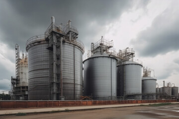 Obraz premium modern petrochemical plant with reactors and converters under heavy sky with copyspace