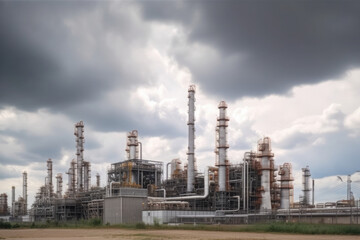 Fototapeta na wymiar modern petrochemical plant with reactors and converters under heavy sky with copyspace