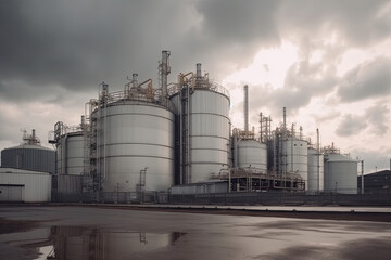 modern petrochemical plant with reactors and converters under heavy sky with copyspace