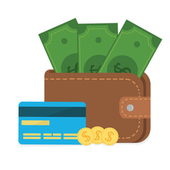 Wallet with dollars and credit card with coins illustration - obrazy, fototapety, plakaty
