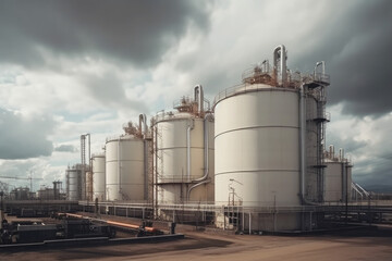 modern petrochemical plant with reactors and converters under heavy sky with copyspace