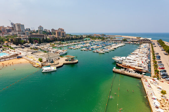 Aerial view of a harbour with yachts in Jounieh, Beirut, Lebanon.