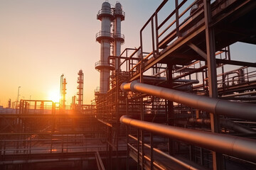 Pipe racks and pipes of petroleum industrial plant with sunset sky background