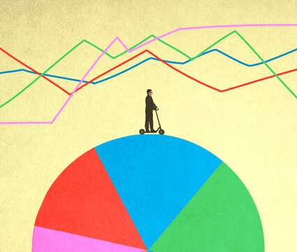 Man riding push scooter on pie chart