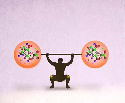Man lifting barbell filled with molecules