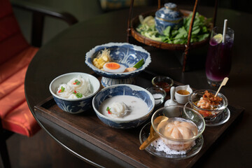 Set of Traditional Thai food. Kanom jean. Noodle with coconut milk. Oriental food concept.