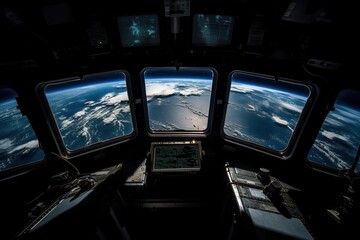 View from the window of the spaceship to planet Earth, generative AI.