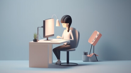 3D work concept - woman on desk looking at computer screen, cartoon style. Generative AI.