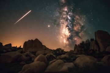 Meteor shower in the sky, observation of the meteor shower in space from the ground, generative AI.