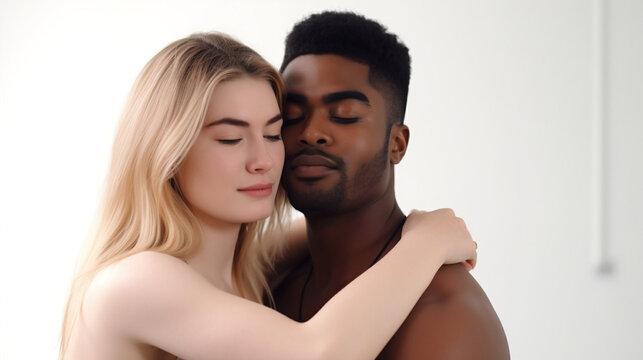 Cropped woman embracing ethnic man, black man, white woman. Hug with love. Generative AI.
