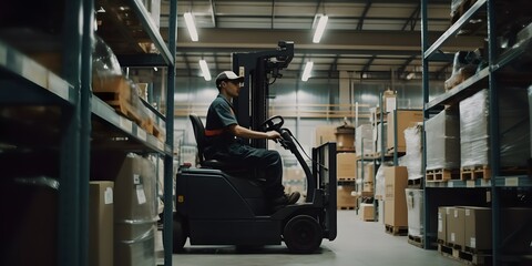 Naklejka na ściany i meble Storehouse employee in uniform working on forklift in modern automatic warehouse.Boxes are on the shelves of the warehouse. Warehousing, machinery concept. Generative Ai.
