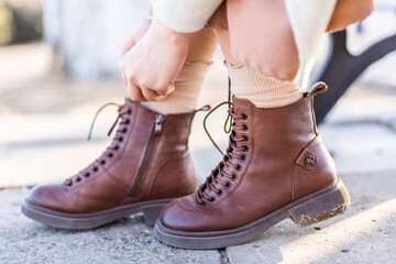 Girl Lacing and Wearing Shoes Close-up of Girl Feeling