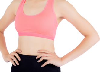 Asian woman in sport clothes and body diet and slim with measuring waist for weight, girl exercise have cellulite and calories loss, health and wellness concept.