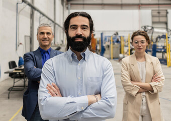 Confident engineers with arms crossed standing in industry