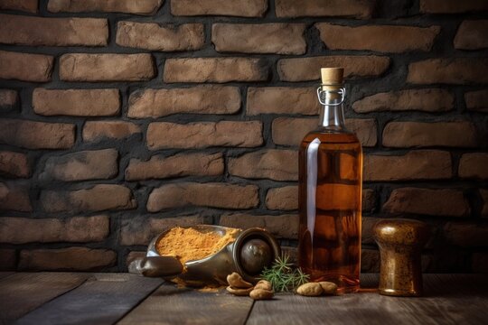  a bottle of olive oil next to a mortar and a bottle of olive oil on a wooden table next to a brick wall and a mortar.  generative ai