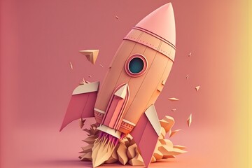 A small rocket in the style of 3d cardboard starts on a pink background, created with generative ai