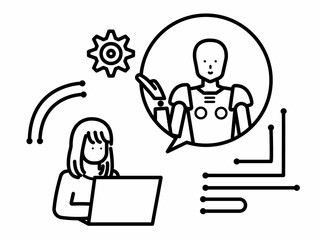 人工知能を使ってパソコンで仕事をする女性のイラスト　線画のみ