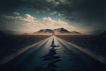 An empty road paved with stone stretching far beyond the horizon, created with generative ai