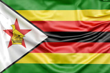 Ruffled Flag of Zimbabwe. 3D Rendering - obrazy, fototapety, plakaty