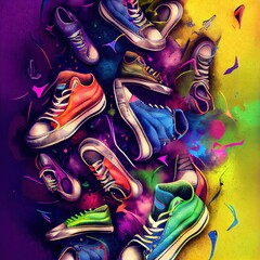 Background of multicolored sneakers flying into the frame, created with generative ai