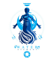 Vector graphic illustration of strong male, body silhouette surrounded by a water ball. Living in harmony with nature.