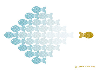 Being different or special vector concept shown with funny cartoon fishes and one is another color and swimming another direction, alternative opposition, variety.