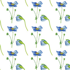 Floral pattern with blue flowers on a white background, hand painted in watercolor.