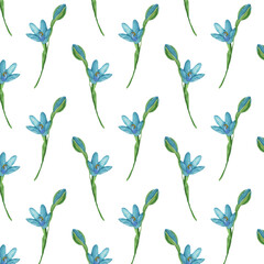 Fototapeta na wymiar Floral pattern with blue flowers on a white background, hand painted in watercolor.