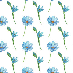 Fototapeta premium Floral pattern with blue flowers on a white background, hand painted in watercolor.