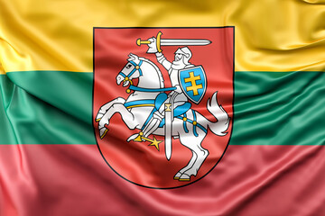 Obraz premium Ruffled Flag of Lithuania with Coat of Arms. 3D Rendering