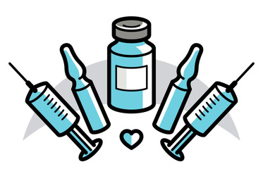 Vaccination theme vector illustration of a syringe with ampules and vial isolated over white, epidemic or pandemic coronavirus covid 19 or flu or SARS or any other vaccine, pharmacology concept.
