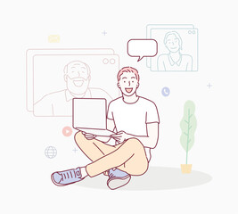 Man talking by video chat. Conference call at office. Online Interview. Hand drawn style vector design illustrations.