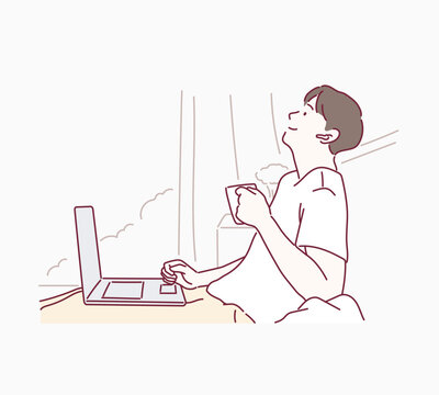 Young man in casual clothing working at home with laptop computer on a sofa in a cozy living room with windows. Hand drawn style vector design illustrations.“