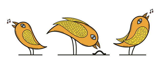 Small cute bird singing birdsong linear vector illustration isolated on white, line art illustration of cartoon birdie.