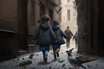 Children chase pigeons down the street, rear view, created with generative ai