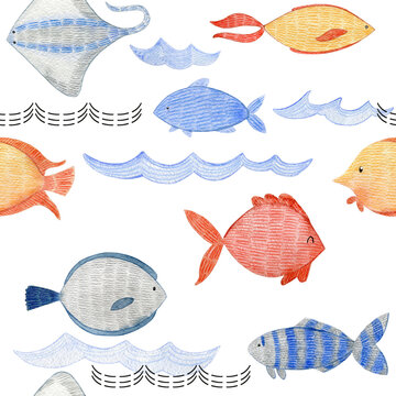 Watercolor seamless pattern with fishes. Nautical marine illustration. Hand drawn illustration for fabric, wrapping paper, etc.