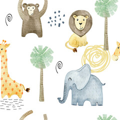 Watercolor seamless pattern with cute safari animals. Exotic wallpaper for fabric, wrapping paper, etc © Tapilipa