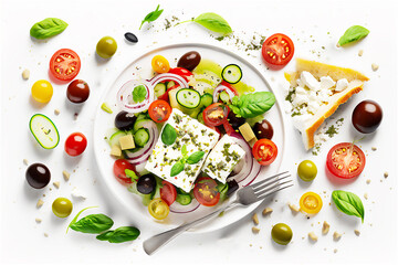 Greek salad  on a white background. Healthy food, top view. Illustration, Generated AI