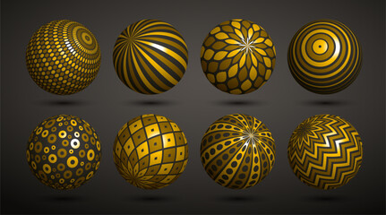 Realistic golden decorated spheres vector illustrations set, abstract beautiful balls with patterns, 3D globes design concept collection.